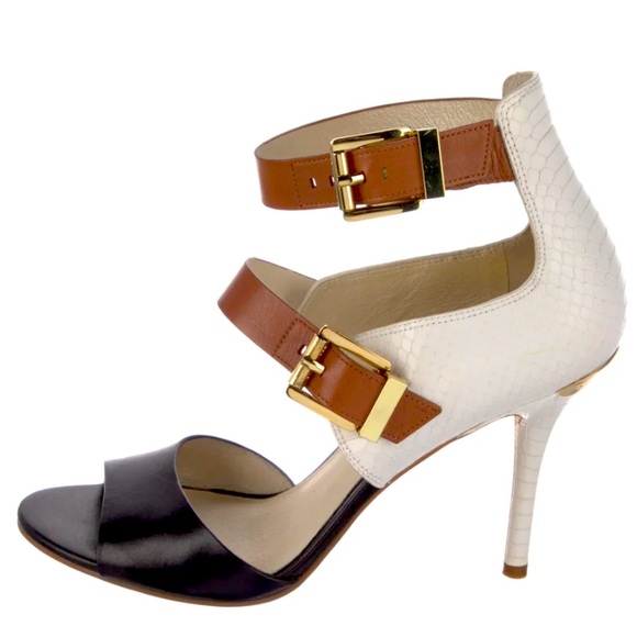 MICHAEL Kors Woman's Adriana Mid Ankle-Strap Sandal Optic White/Black/Luggage - Picture 1 of 8